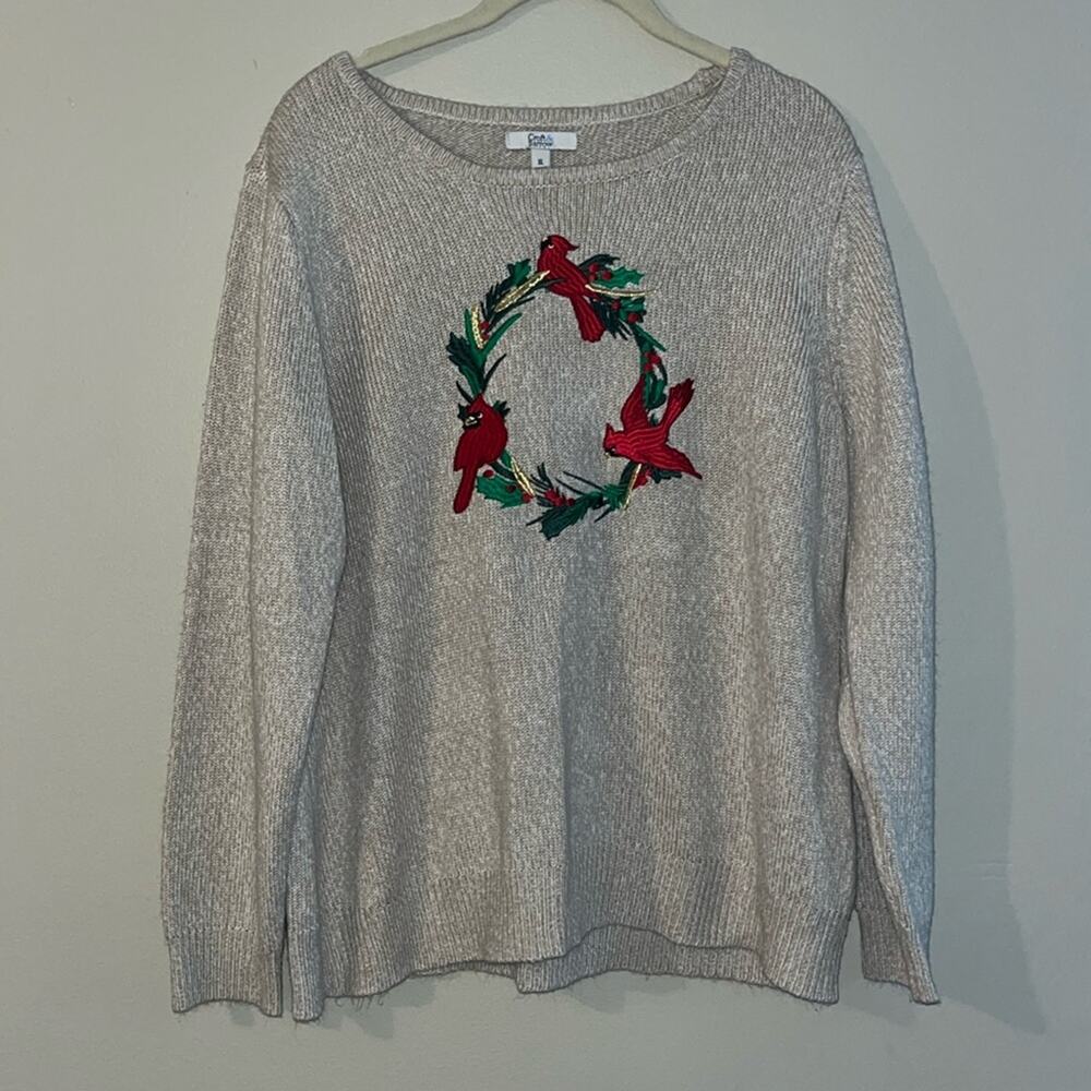 Croft & Barrow Holiday Crewneck Tan  Granny Sweater Cardinal Wreath -XL